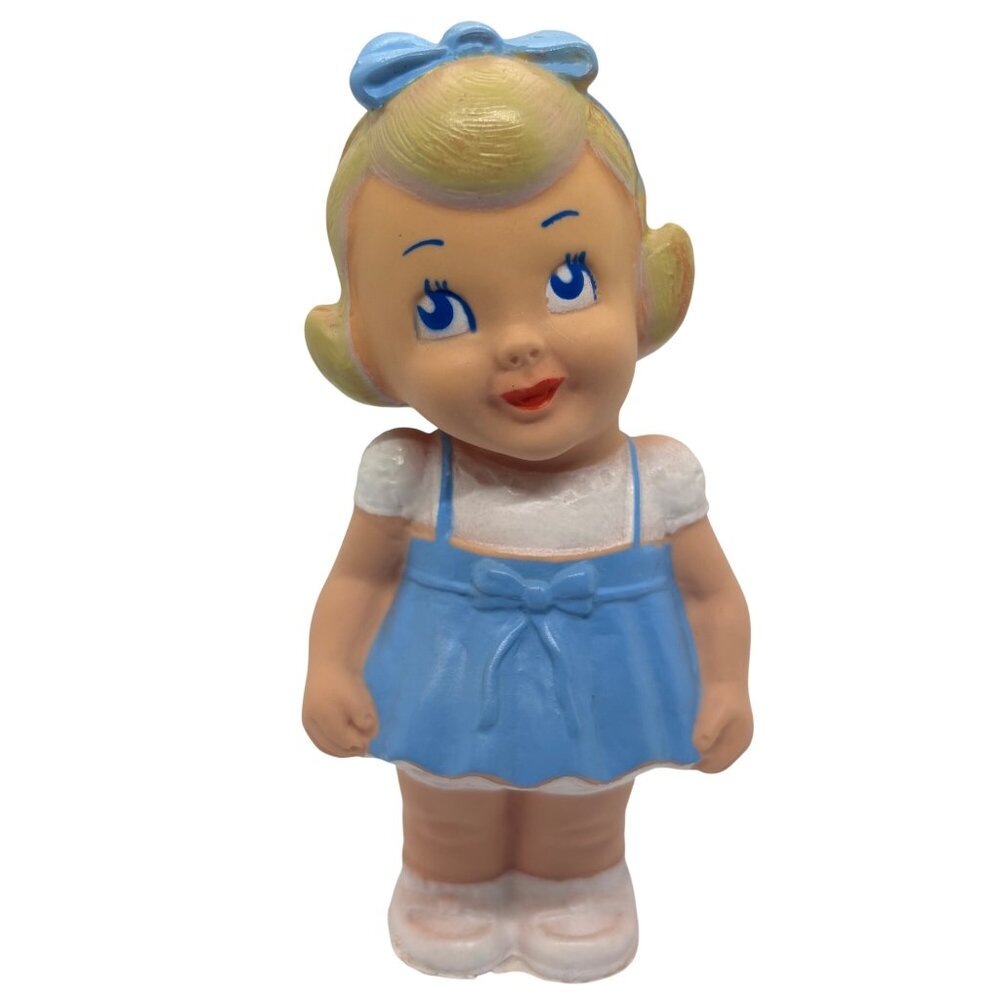 Vintage Rubber Squeaker Toy Doll Blonde Girl In Blue Dress With Bow Collectible